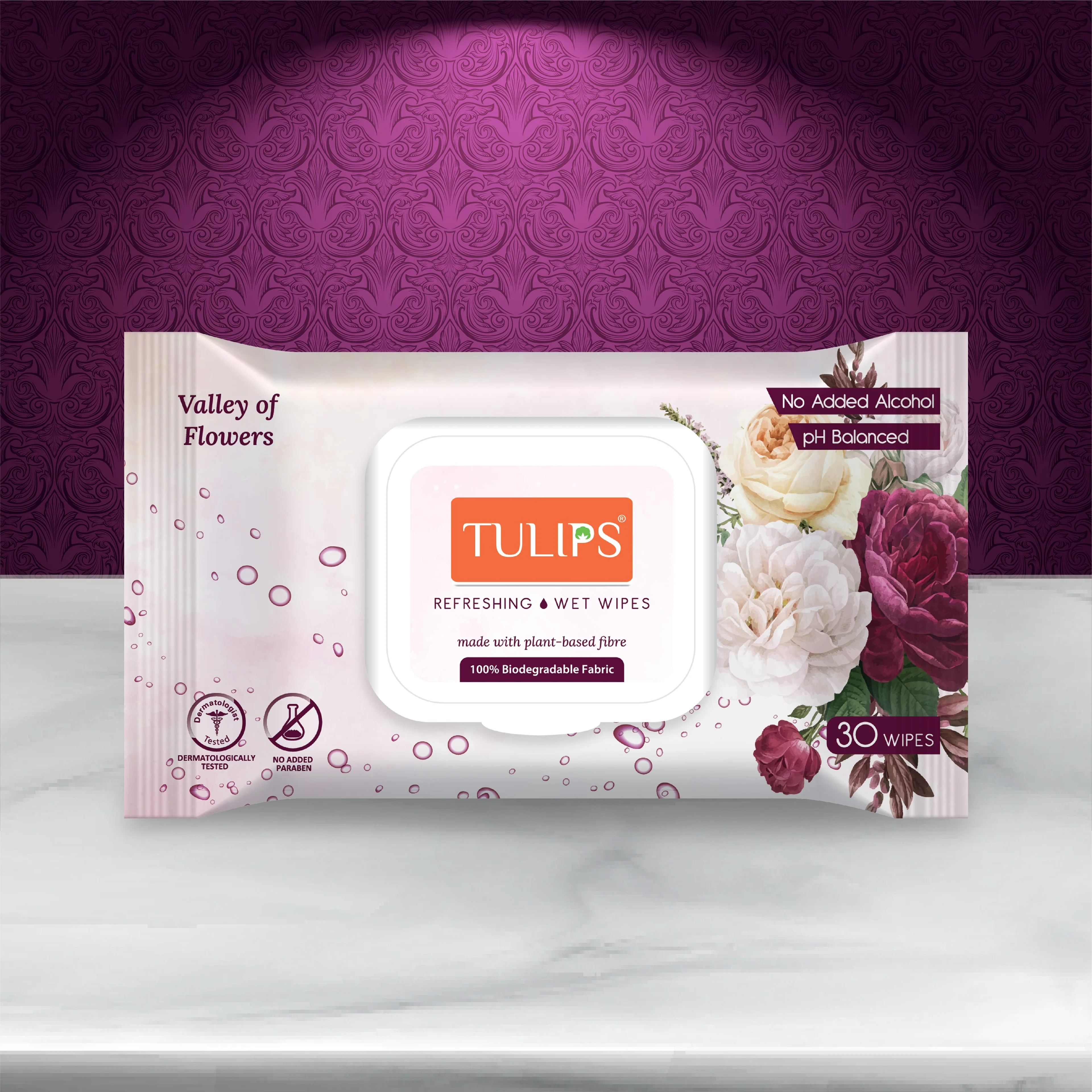 TULIPS Biodegradable Wet Wipes – Valley of Flowers, 30 Wipes