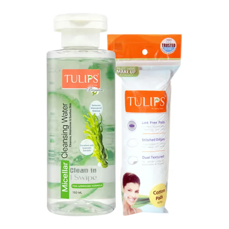 TULIPS Micellar Cleansing Water Combo Box, Micellar Water + 50 Cotton Pads